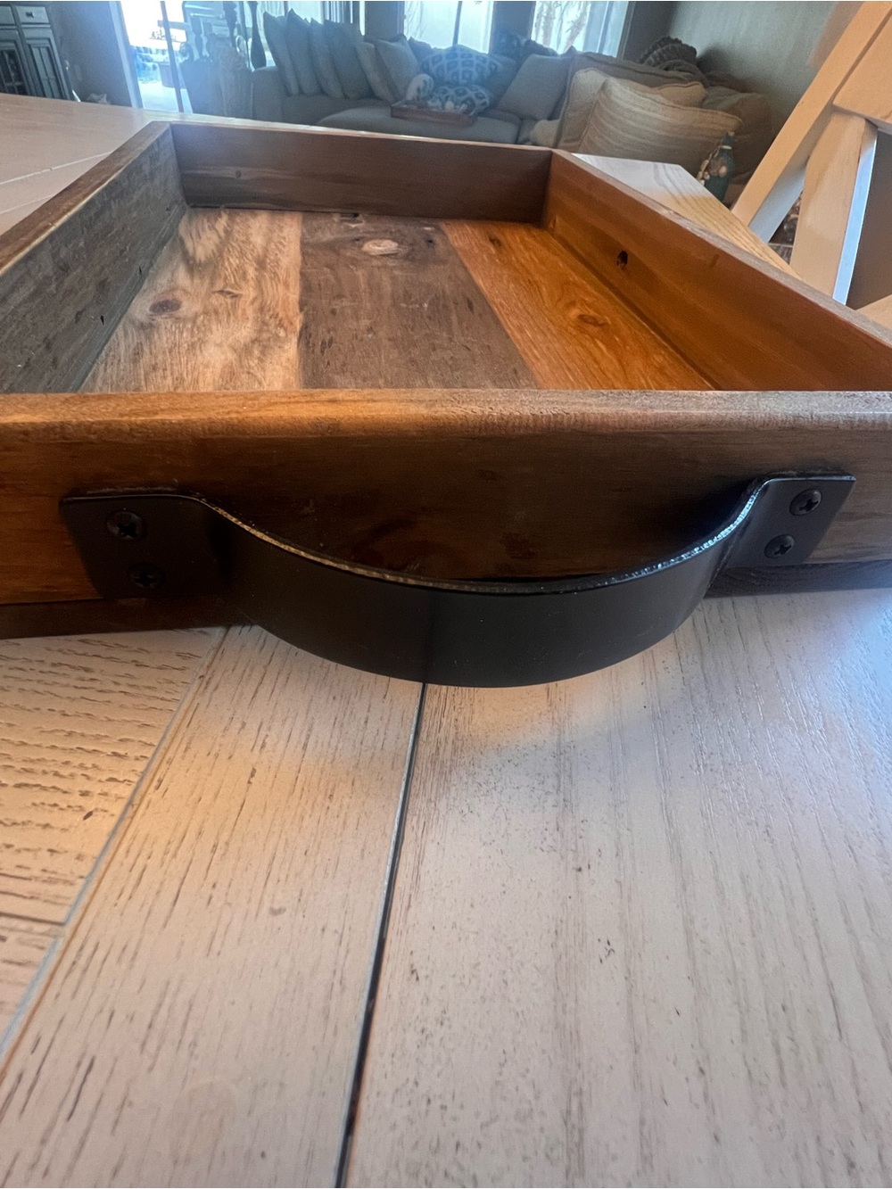 Rustic Handmade Reclaimed Wooden Serving Tray with Black Handles - Picture 3 of 8